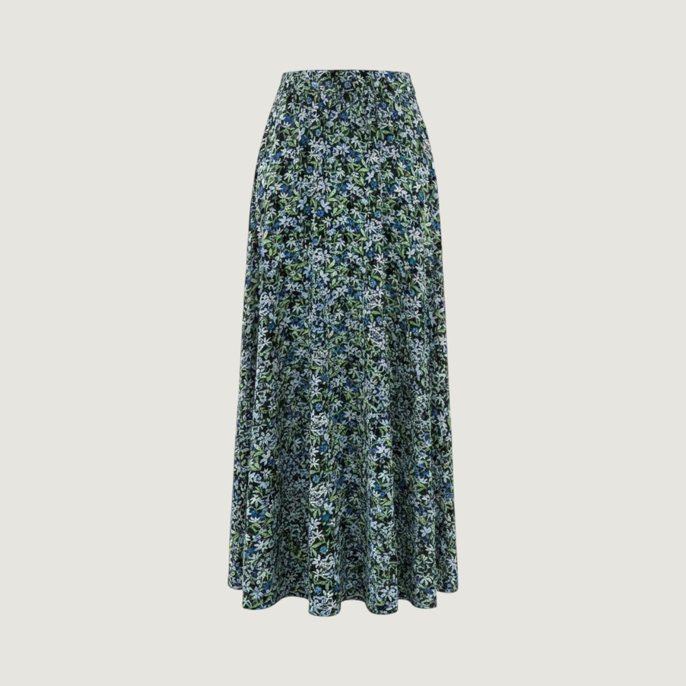 ON 34th Floral Maxi Skirt Women L Black Blue A-Line Elastic Waist Pockets